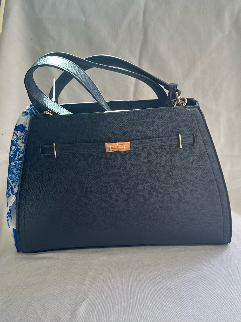Anne Klein Navy faux Leather Shoulder Bag with Blue Scarf Accent